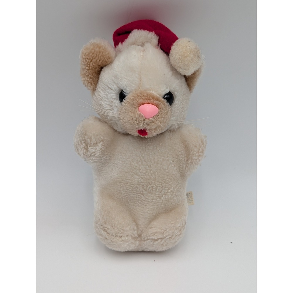 Jerry Elsner Mouse Plush Cream Red Santa Hat Vintage Christmas Toy 6 Inch